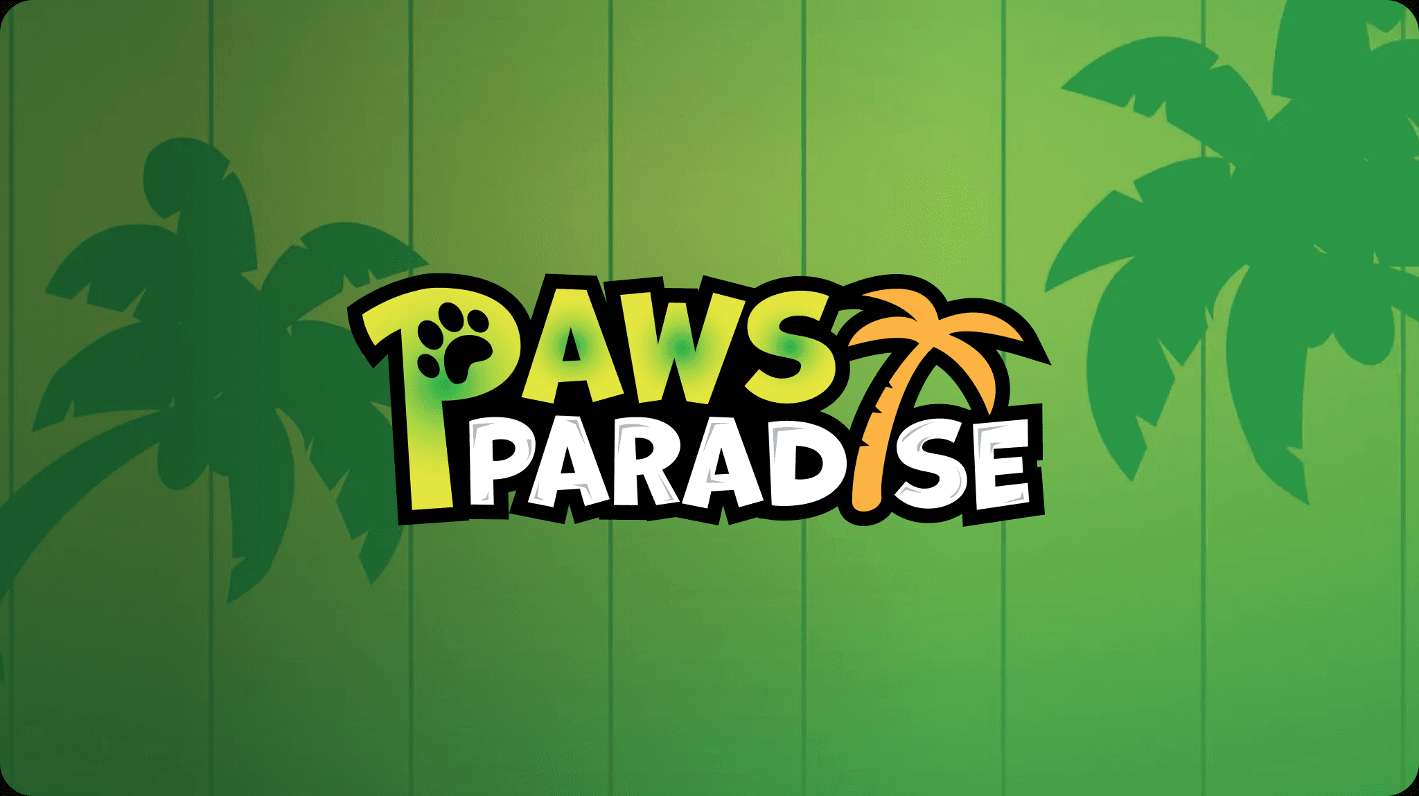 The Paws Paradise logo on a green background with palm trees