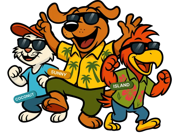 The Paws Paradise mascots: Coconut the cat, Sunny the dog and Island the parrot, in sunglasses and tropical shirts
