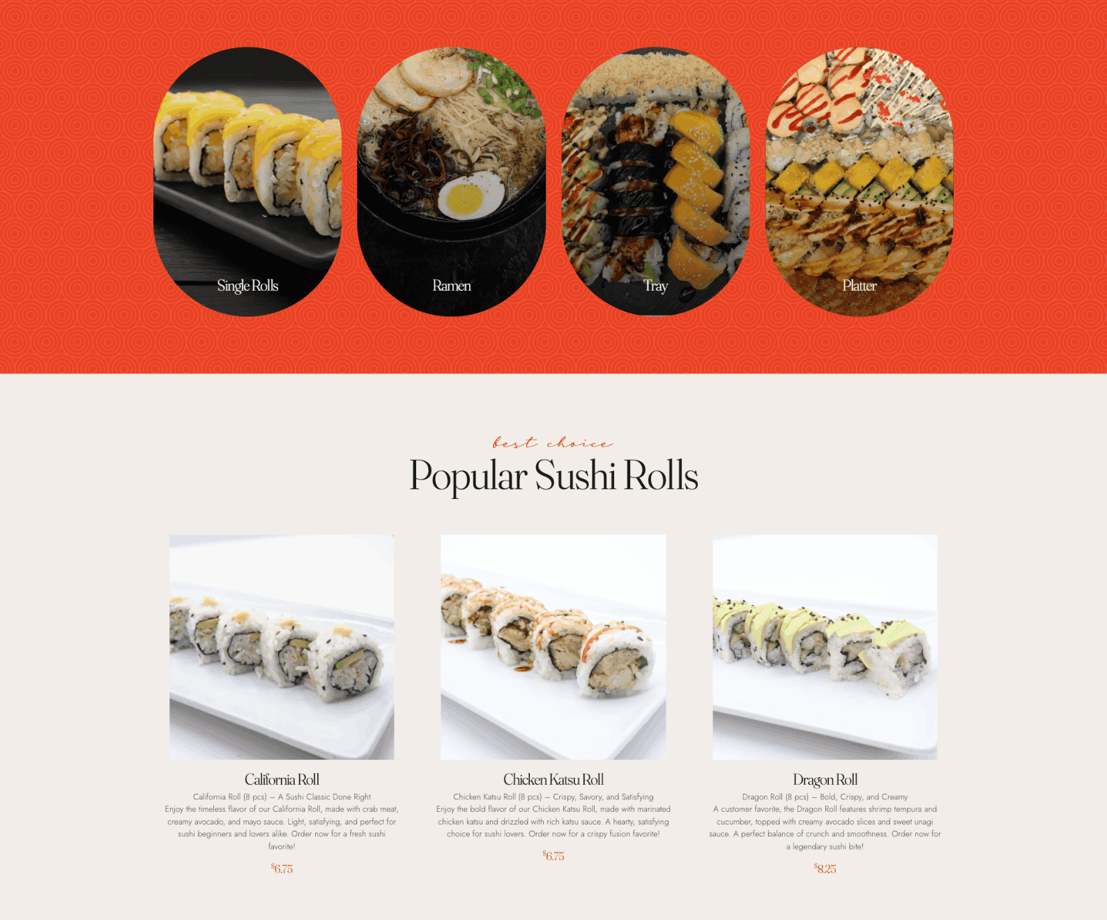 The homepage categories, Single Rolls, Ramen, Tray and Platter, on a red band above the Popular Sushi Rolls cards