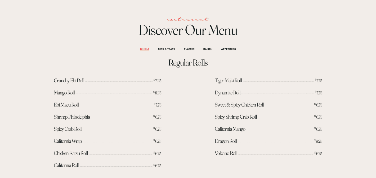 The Discover Our Menu section, with tabs for each part of the menu and the regular rolls listed with prices