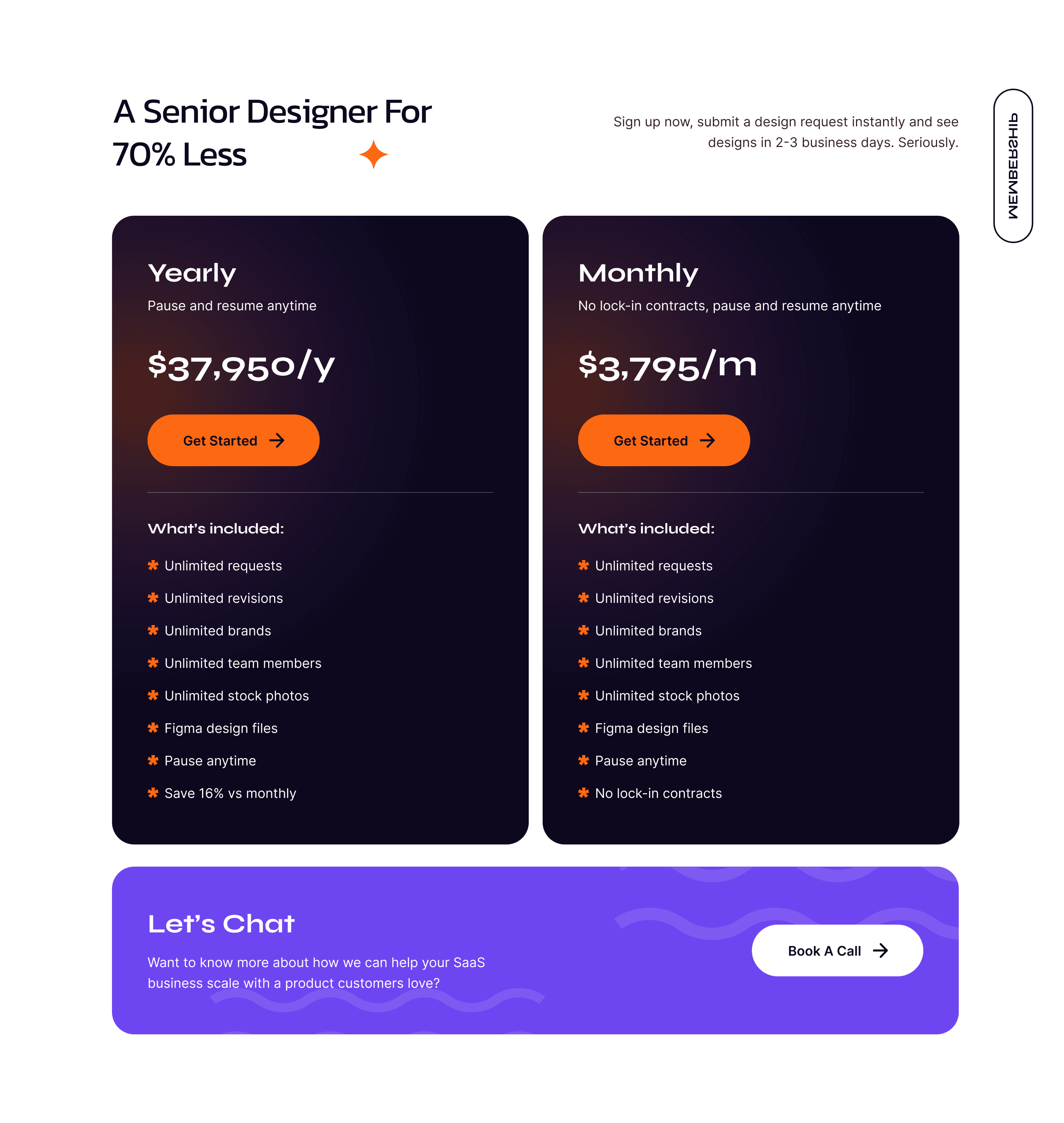 Pricing: yearly and monthly plans on midnight cards, and a violet Let’s Chat banner