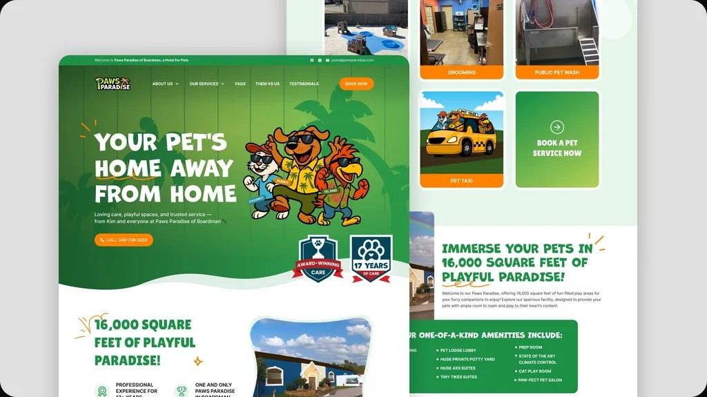 Pages of the new Paws Paradise website: the homepage hero with the mascots and the facility section