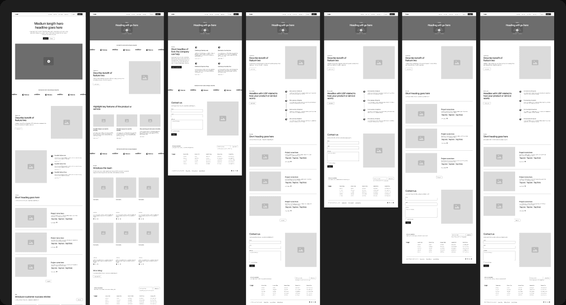 Wireframes of the homepage and service pages