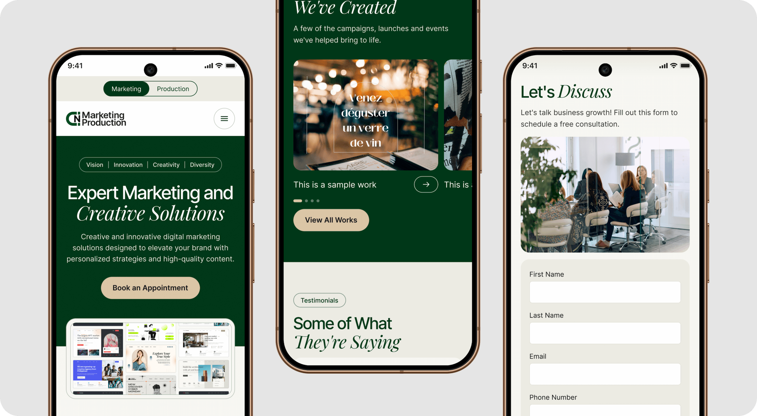 The homepage, featured work and contact screens on mobile