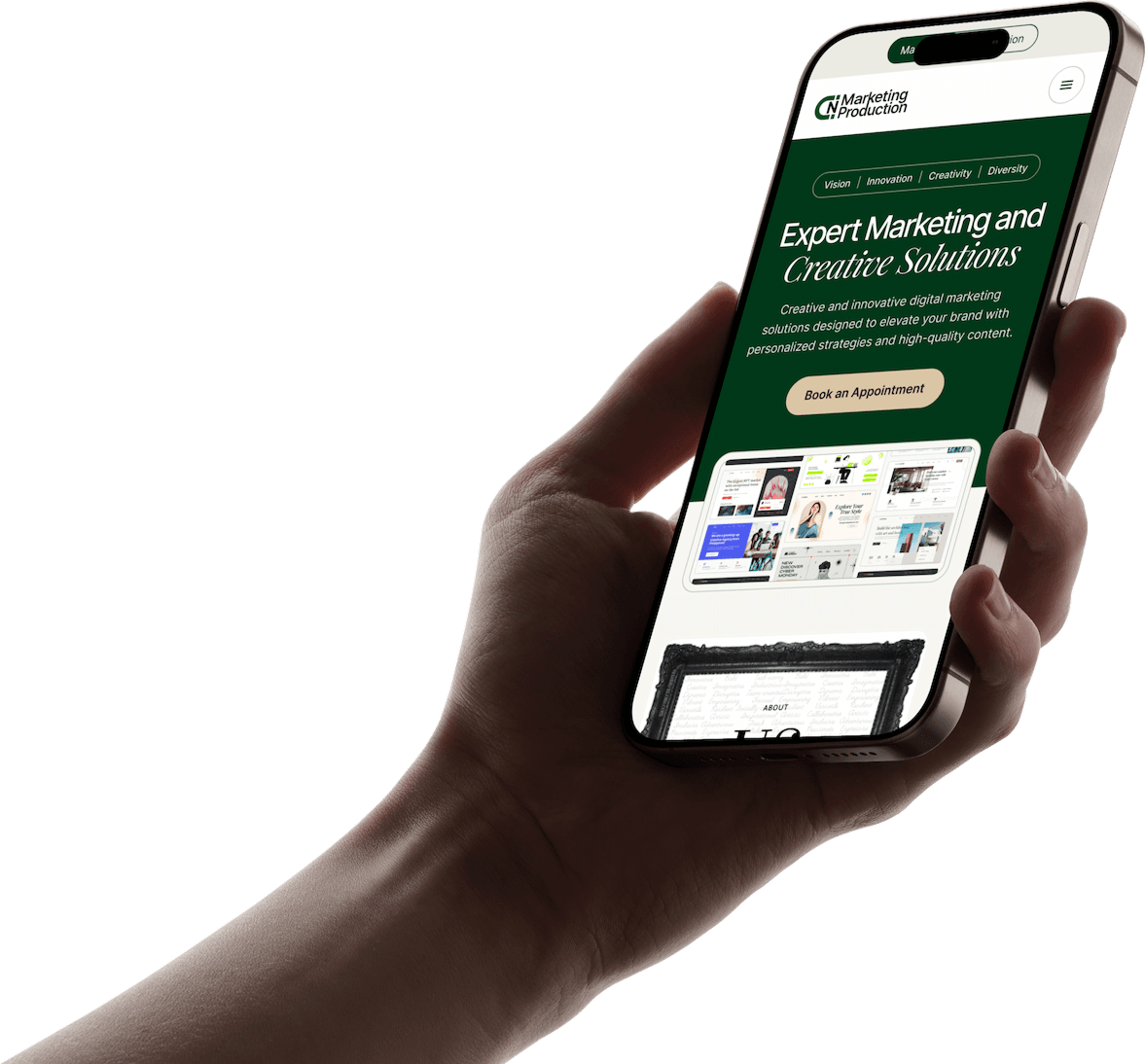 The mobile homepage held in a hand